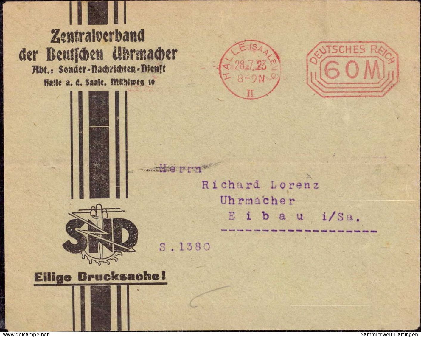 604076 | Inflation, Freistempel, Dekorativer Brief Des Zentralverband Der Deutschen Uhrmacher  | Halle / Saale (O - 4020 - Relojería