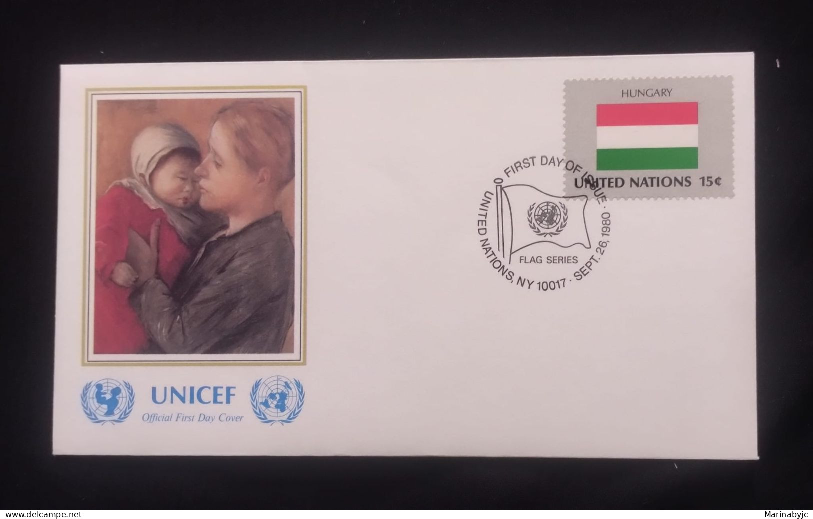 EL)1980 UNITED NATIONS, NATIONAL FLAG OF THE MEMBER COUNTRIES, HUNGARY, UNICEF, MOTHER AND BABY, FDC - Ongebruikt