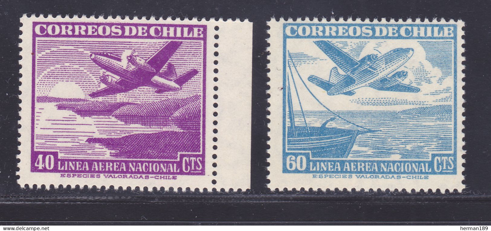 CHILI AERIENS N°  129 & 130 ** MNH Neufs Sans Charnière, TB (D7678) Série Courante, Avions - 1950-53 - Chile