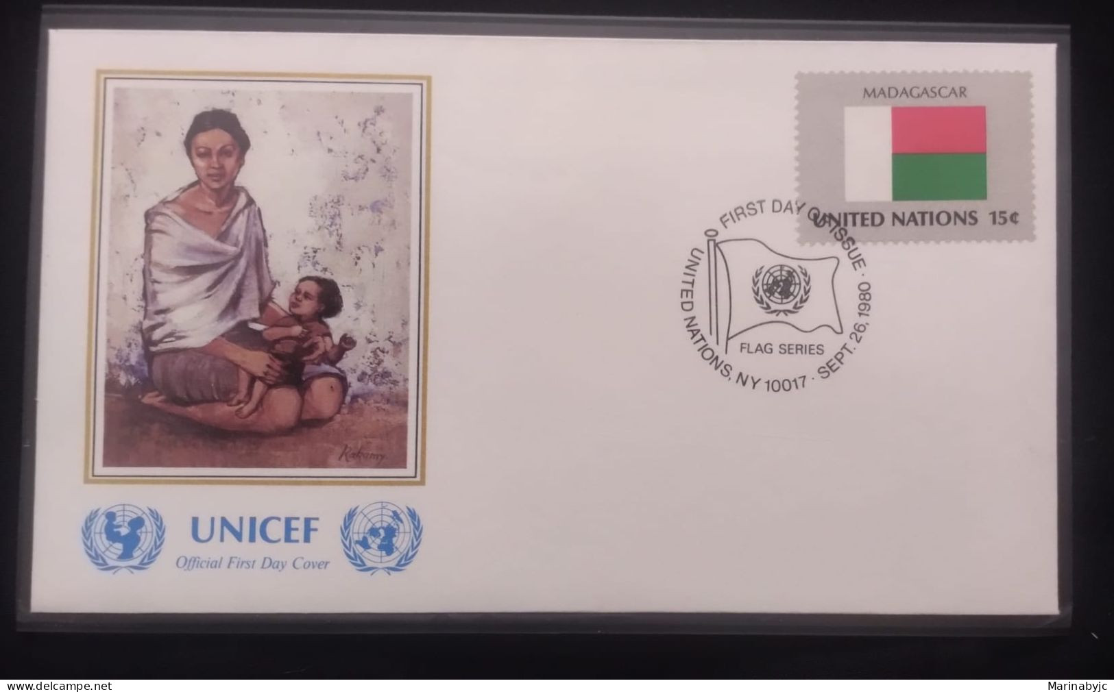 EL)1980 UNITED NATIONS, NATIONAL FLAG OF THE MEMBER COUNTRIES, MADAGASCAR, UNICEF, MOTHER AND BABY, FDC - Unused Stamps