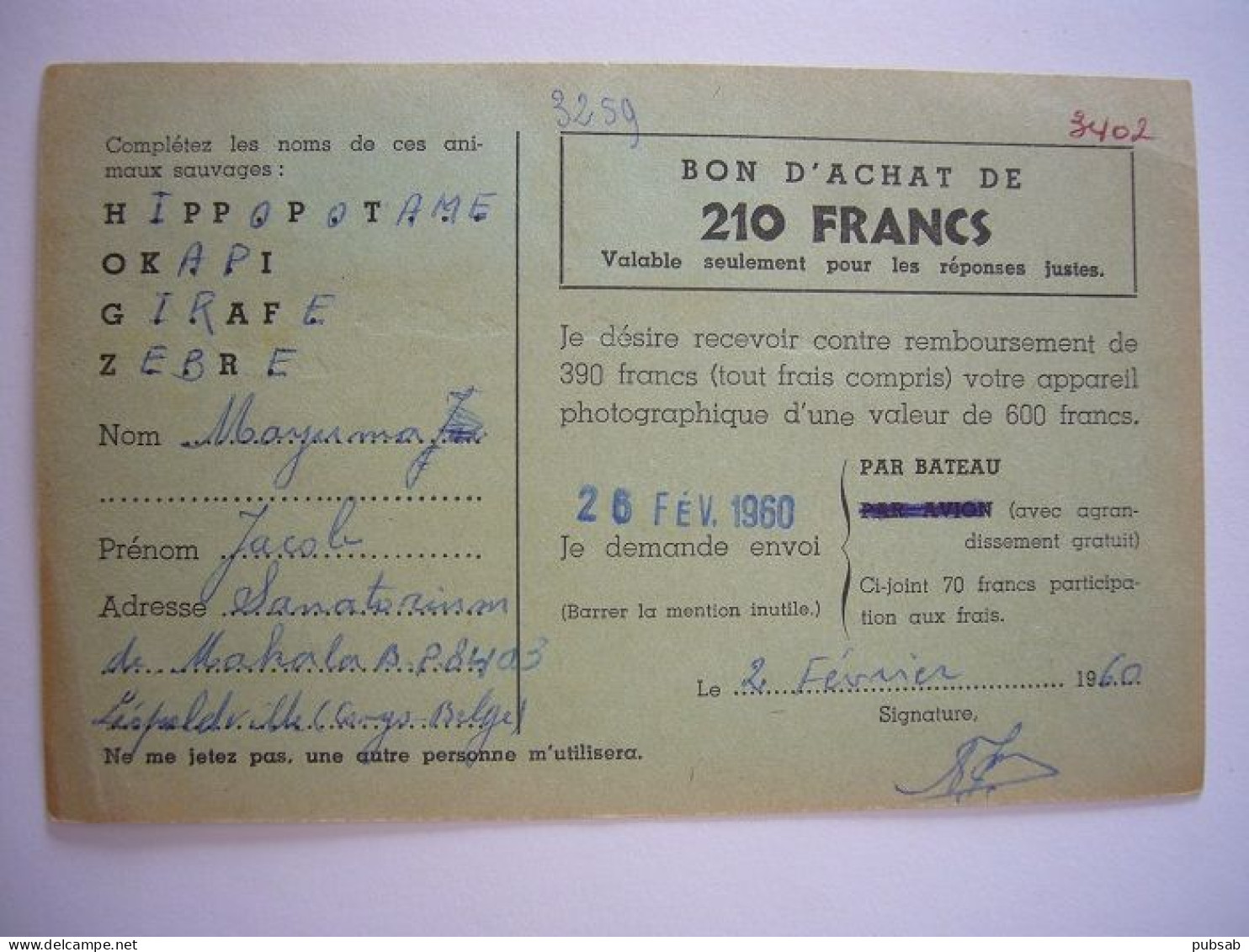 Avion / Airplane / Card From Leopoldville To Ostende / Feb 20,1960 - Lettres & Documents