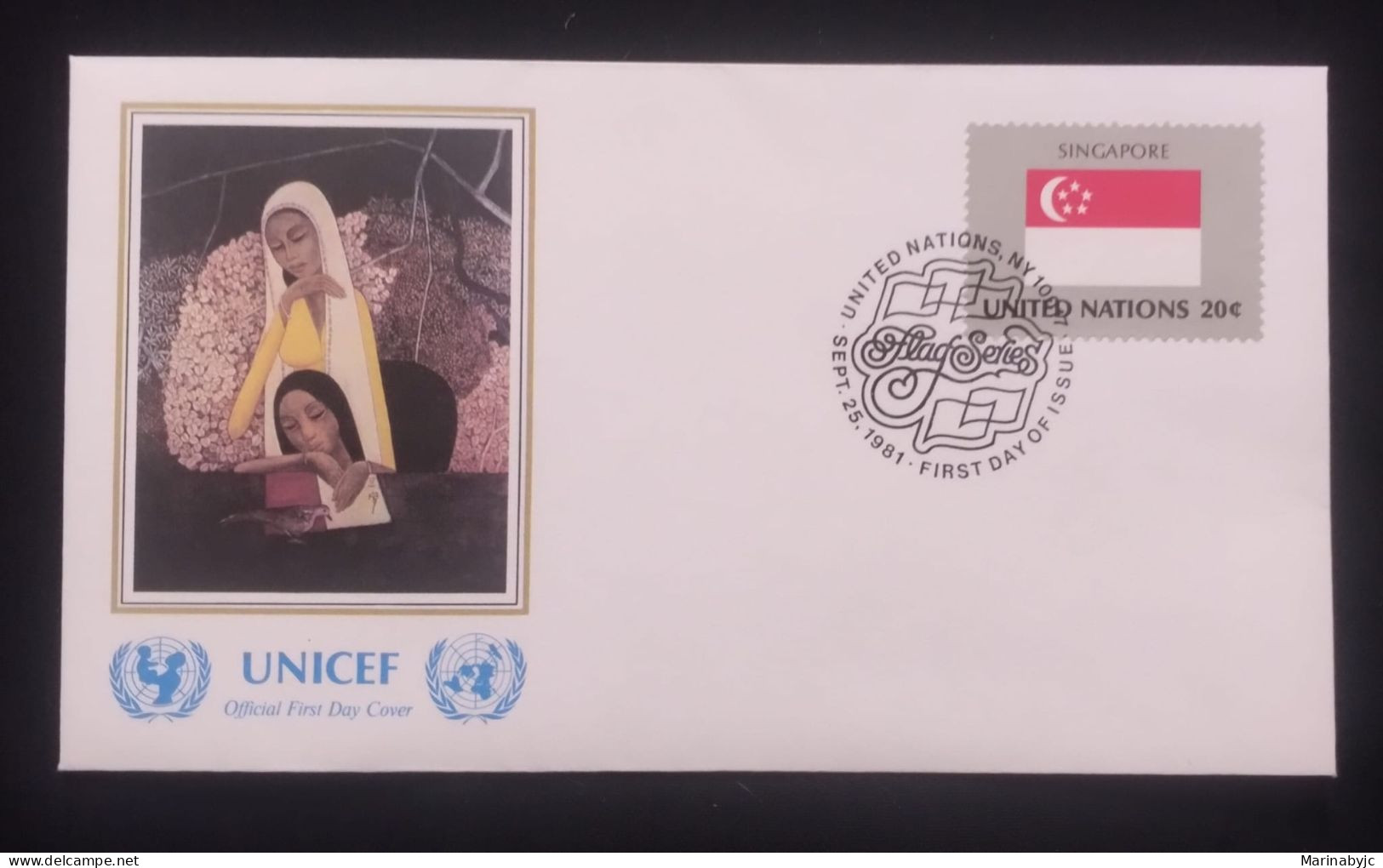 EL)1980 UNITED NATIONS, NATIONAL FLAG OF THE MEMBER COUNTRIES, SINGAPORE, UNICEF, RELIGIOUS PAINTING, FDC - Ungebraucht