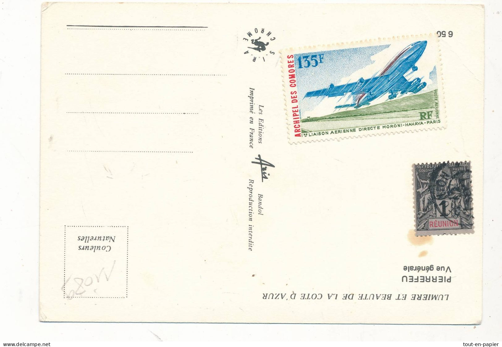 1 Timbre Oblitéré Réunion  Type Sage Et Un Timbre Non Oblitéré  Archipel Des Comores Collés Sur Carte Postale - Used Stamps