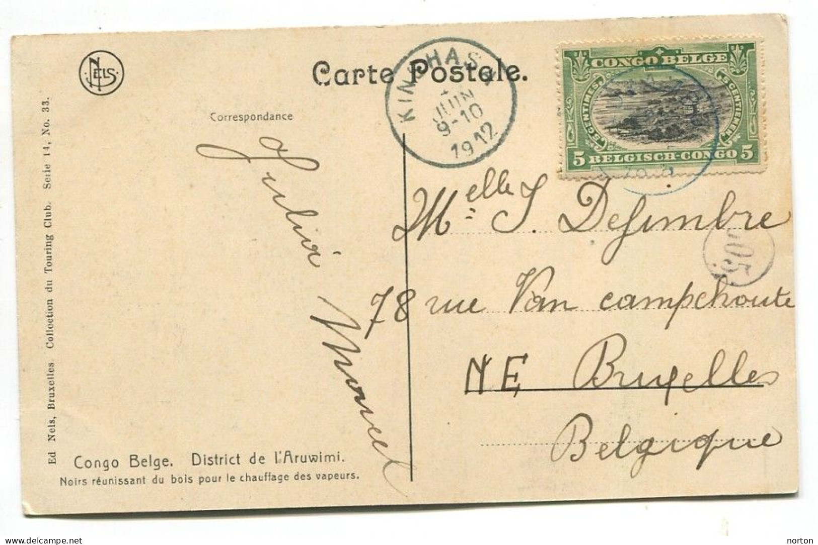 Congo Kinshasa Oblit. Keach 1.1-DMtY Sur C.O.B. 54 Sur Carte Postale Vers Bruxelles Le 04/06/1912 - Briefe U. Dokumente