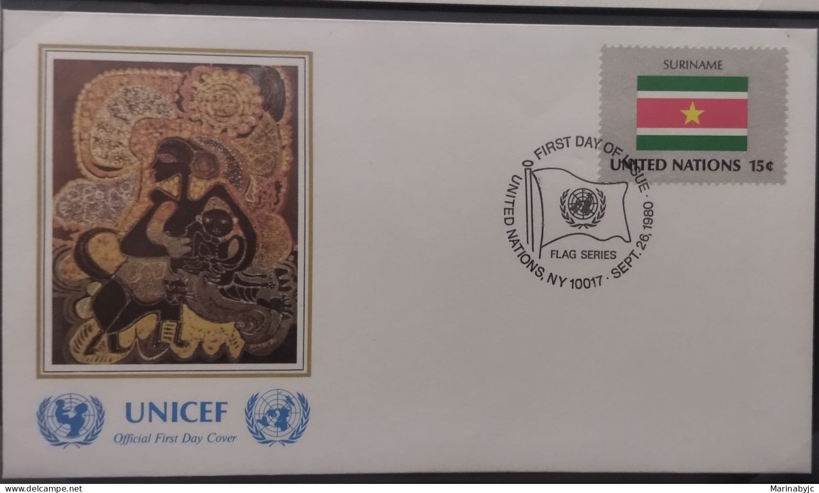 EL)1980 UNITED NATIONS, NATIONAL FLAG OF THE MEMBER COUNTRIES, SURINAME, UNICEF, ARQUEOLOGY, FDC - Nuevos