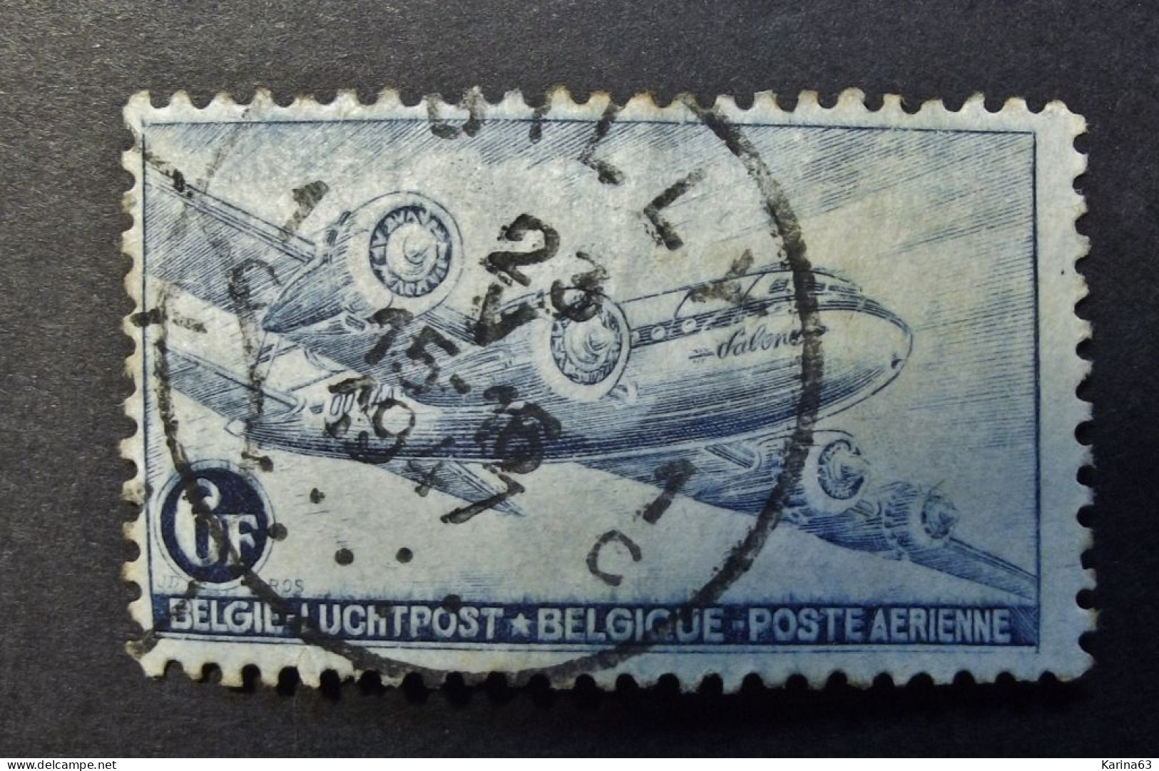 België - Belgique - 1946 - Luchtpost - PA 8 - Blue 6 F - DC 4 - Obl/Gestemp.  Gilly - Used