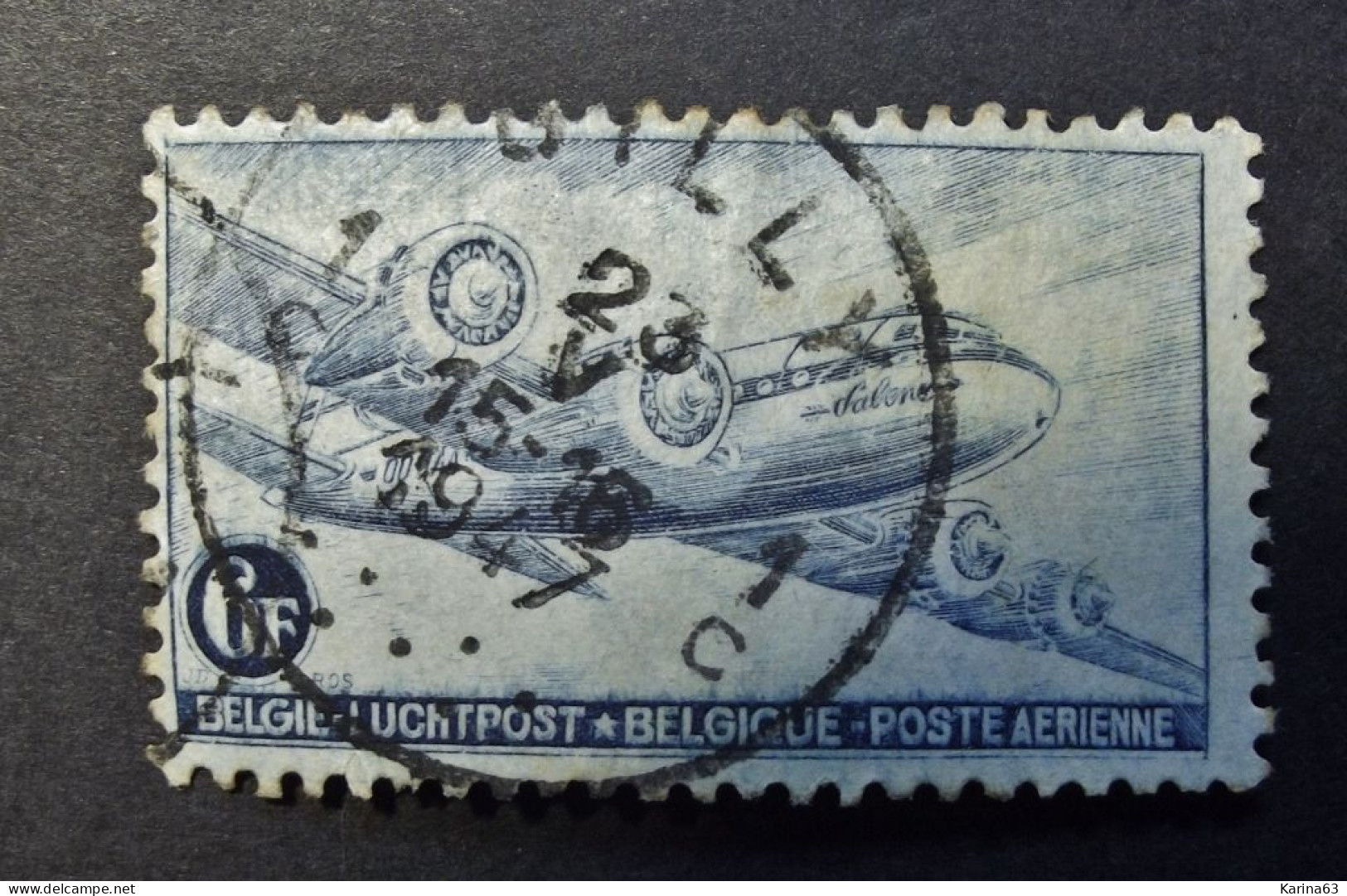 België - Belgique - 1946 - Luchtpost - PA 8 - Blue 6 F - DC 4 - Obl/Gestemp.  Gilly - Usati