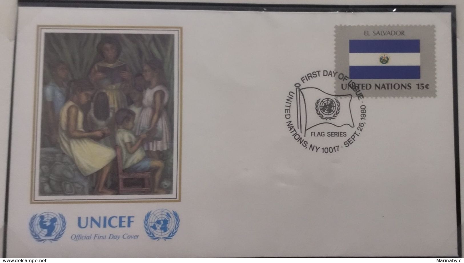 EL)1980 UNITED NATIONS, NATIONAL FLAG OF THE MEMBER COUNTRIES, EL SALVADOR, CHILDREN'S PAINTING, UNICEF, FDC - Ungebraucht