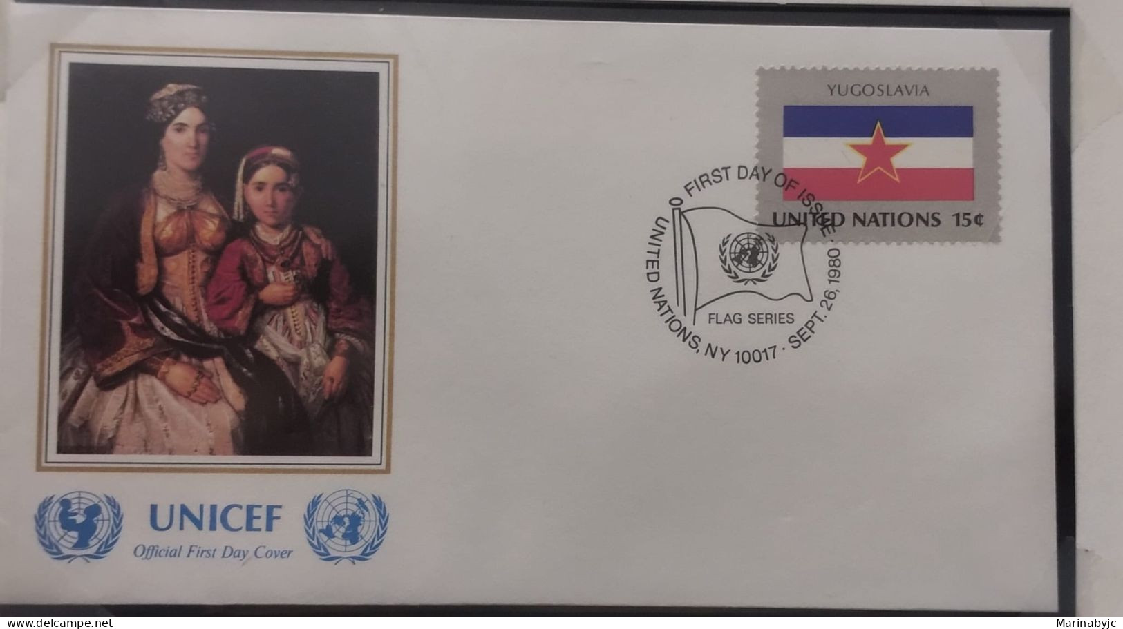 EL)1980 UNITED NATIONS, NATIONAL FLAG OF THE MEMBER COUNTRIES, YUGOSLAVIA, MOTHER AND DAUGHTER PAINTING, UNICEF, FDC - Ongebruikt