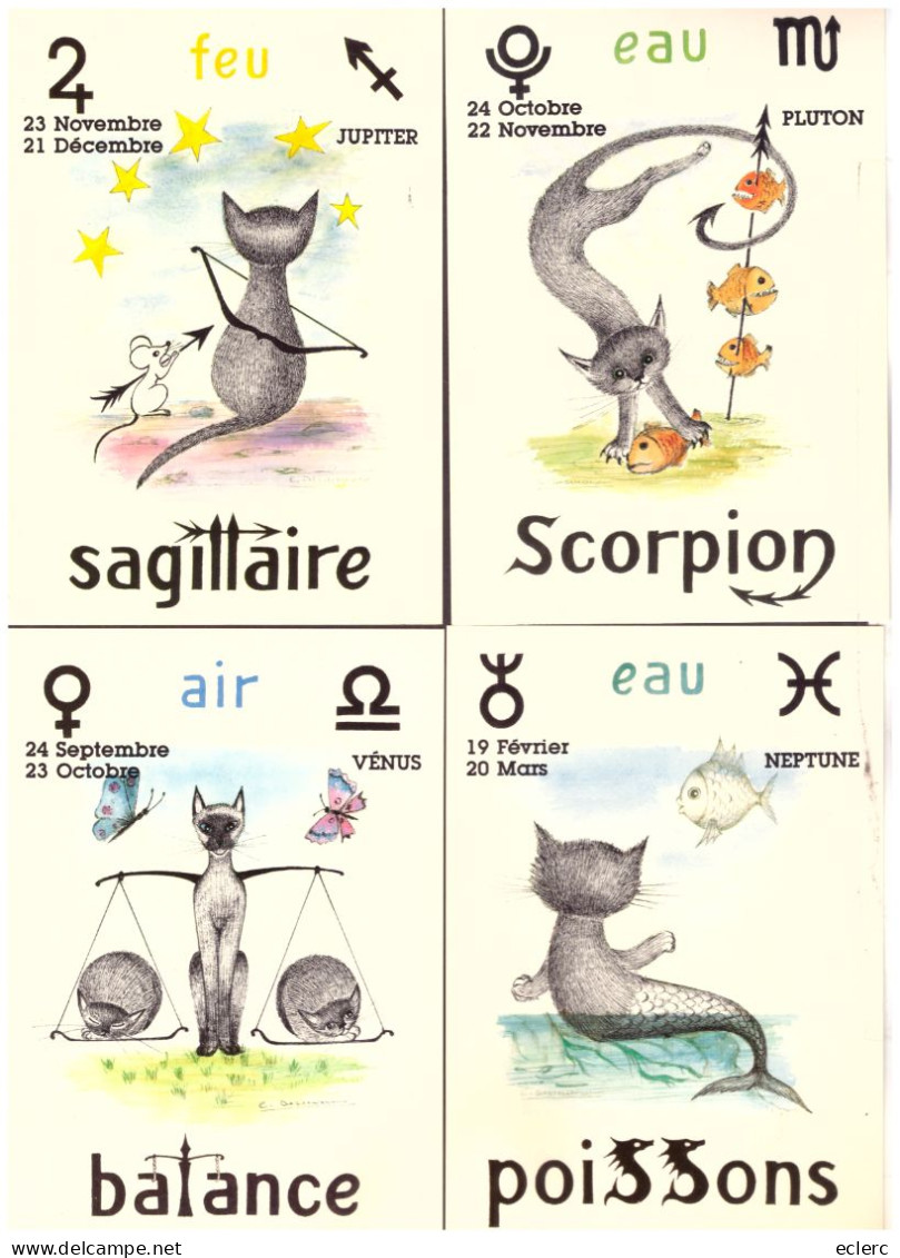 CHAT HOROSCOPE - SIGNES DU ZODIAQUE - 12 CARTES 10x15cm - DESSINS DE COLETTE DESMAISON - TB - Astrología