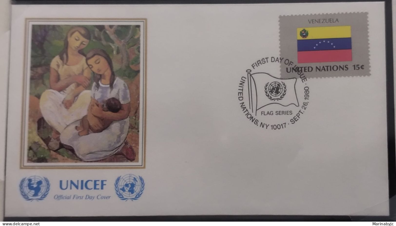 EL)1980 UNITED NATIONS, NATIONAL FLAG OF MEMBER COUNTRIES, VENEZUELA, ART - MOTHER AND DAUGHTER PAINTING, UNICEF, FDC - Unused Stamps