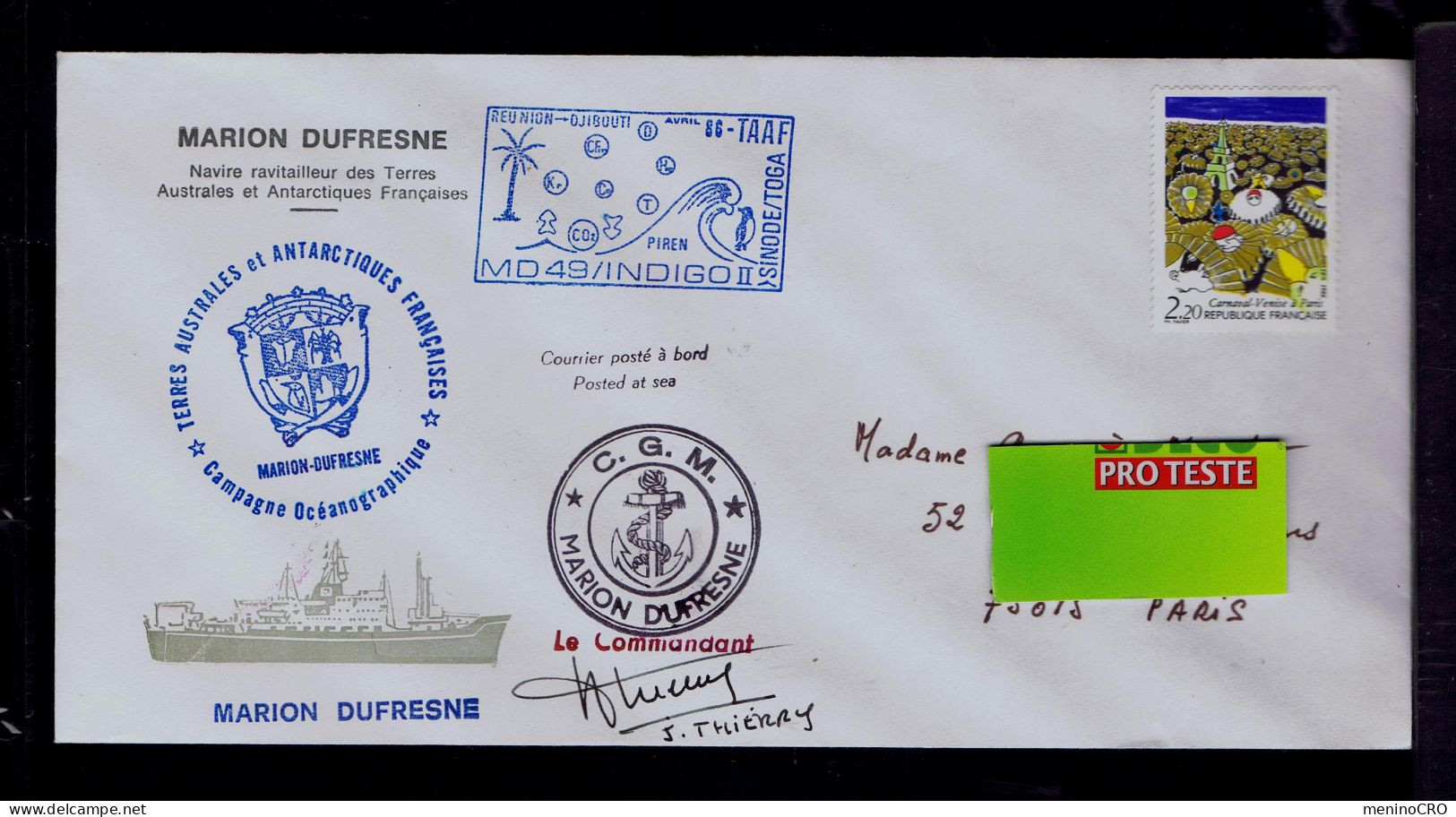 Gc8425  FRANCE Marion Dufresne (courrier Posté à Bord) Campagnr Océanographique TAAF SINODE/TOGA Terres Australes - Carnavales