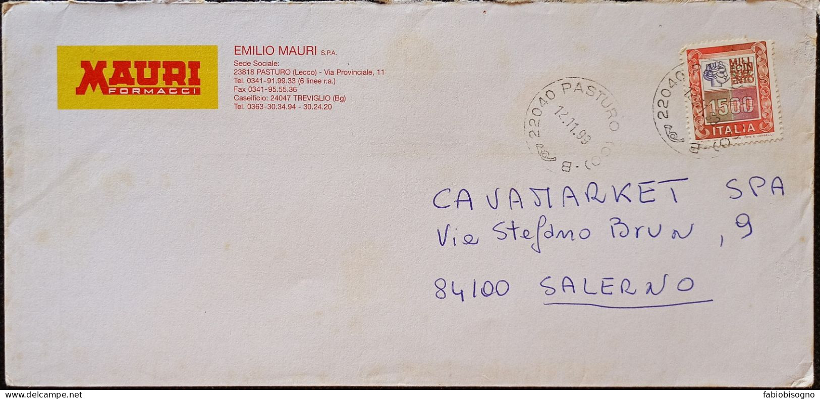 Pasturo 12.11.1999  Alto Valore L.1500 - 1991-00: Storia Postale