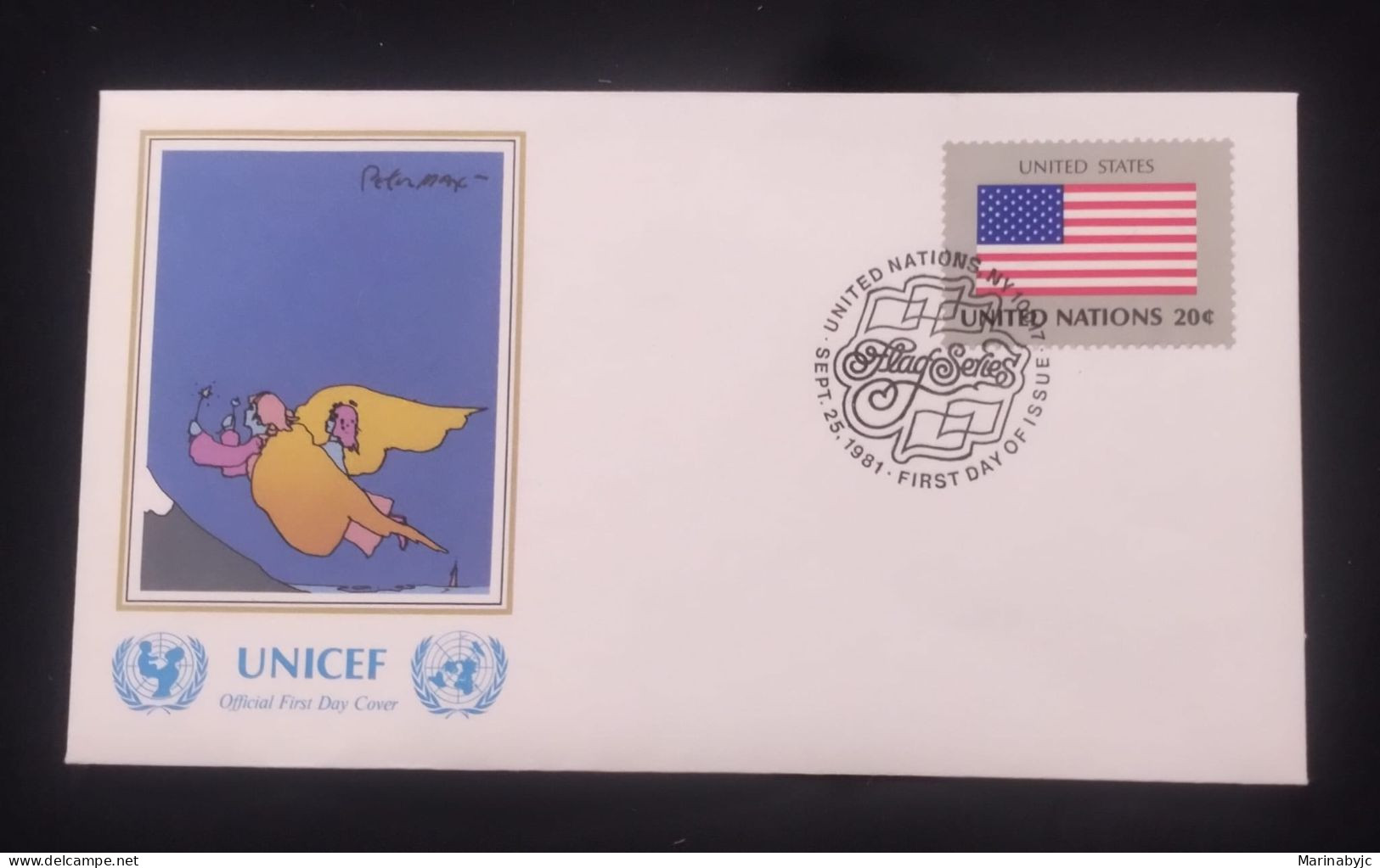 EL)1980 UNITED NATIONS, NATIONAL FLAG OF THE MEMBER COUNTRIES, UNITED STATES, ART - PAINTING, FLYING ANGEL, UNICEF, FDC - Unused Stamps