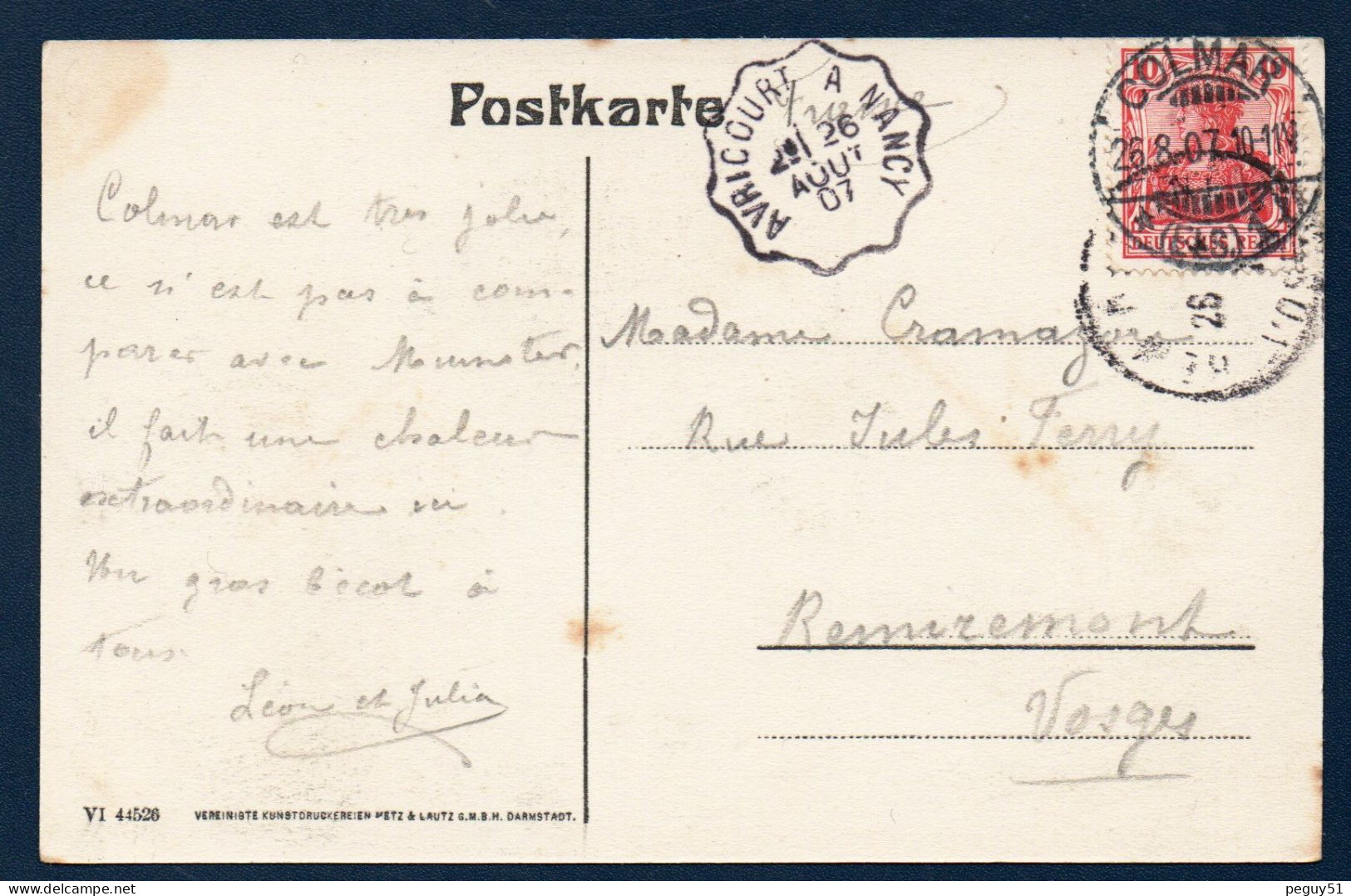 68. Colmar. In Den Marsfeldanlagen. Parc Public Du Champ De Mars. Cachet Convoyeur Avricourt à Nancy. 1907 - Colmar