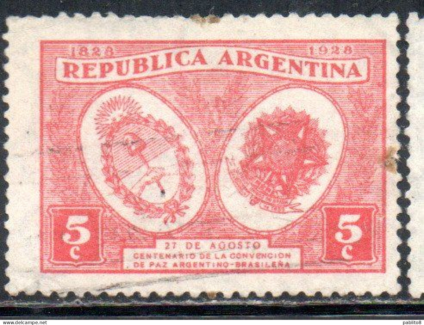 ARGENTINA 1928 COAT OF ARMS 5c USED USADO OBLITERE' - Gebruikt