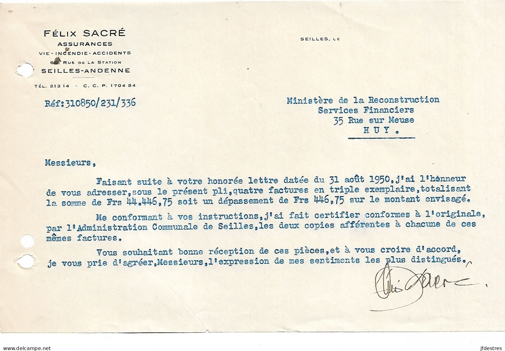 Copie Signée Felix Sacré Assurances Au Ministère De La Reconstruction Services Financiers Huy.  1950 - 1950 - ...