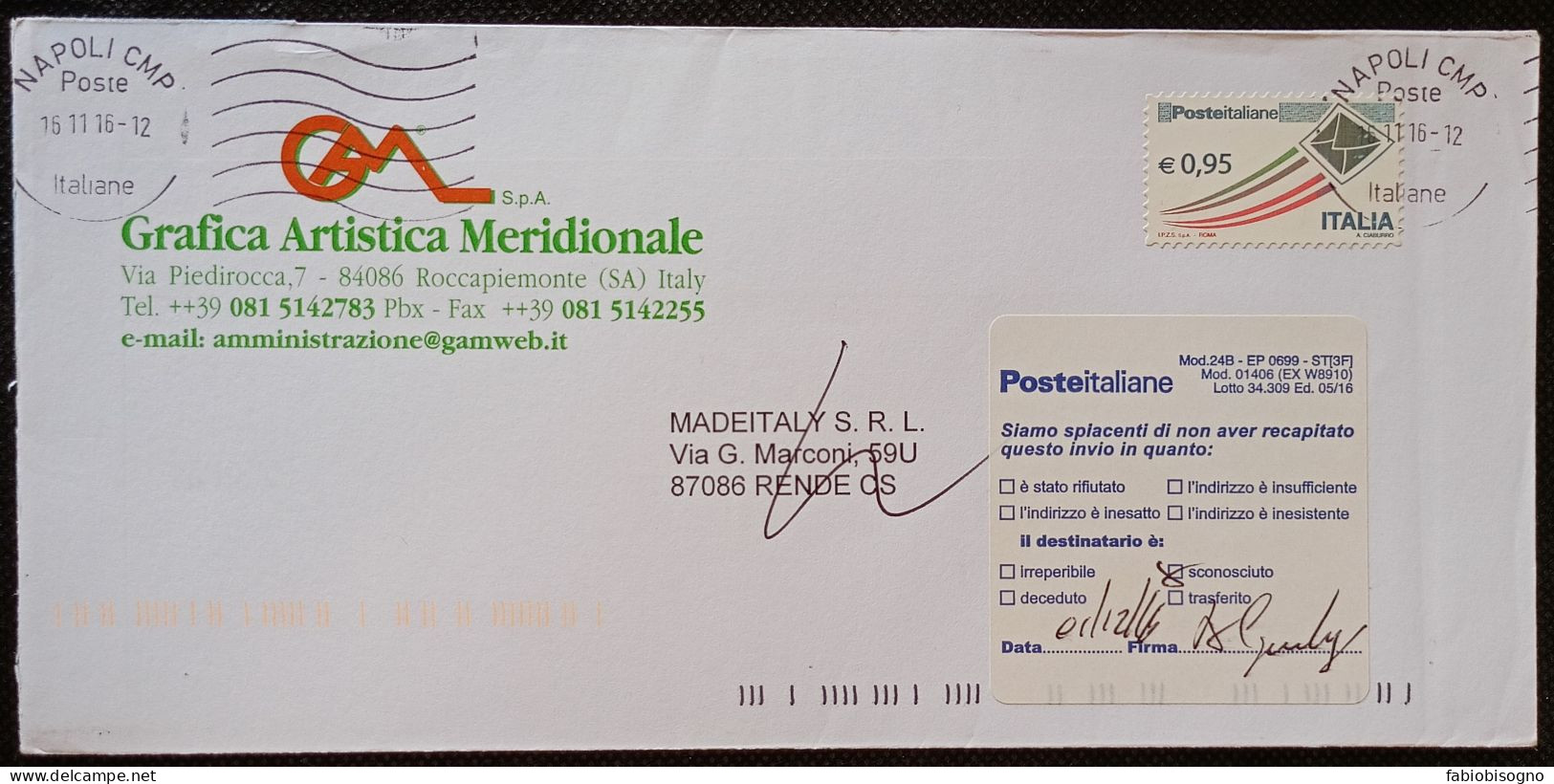 Napoli 16.11.2016  Busta Eur. 0,95 - 2011-20: Storia Postale