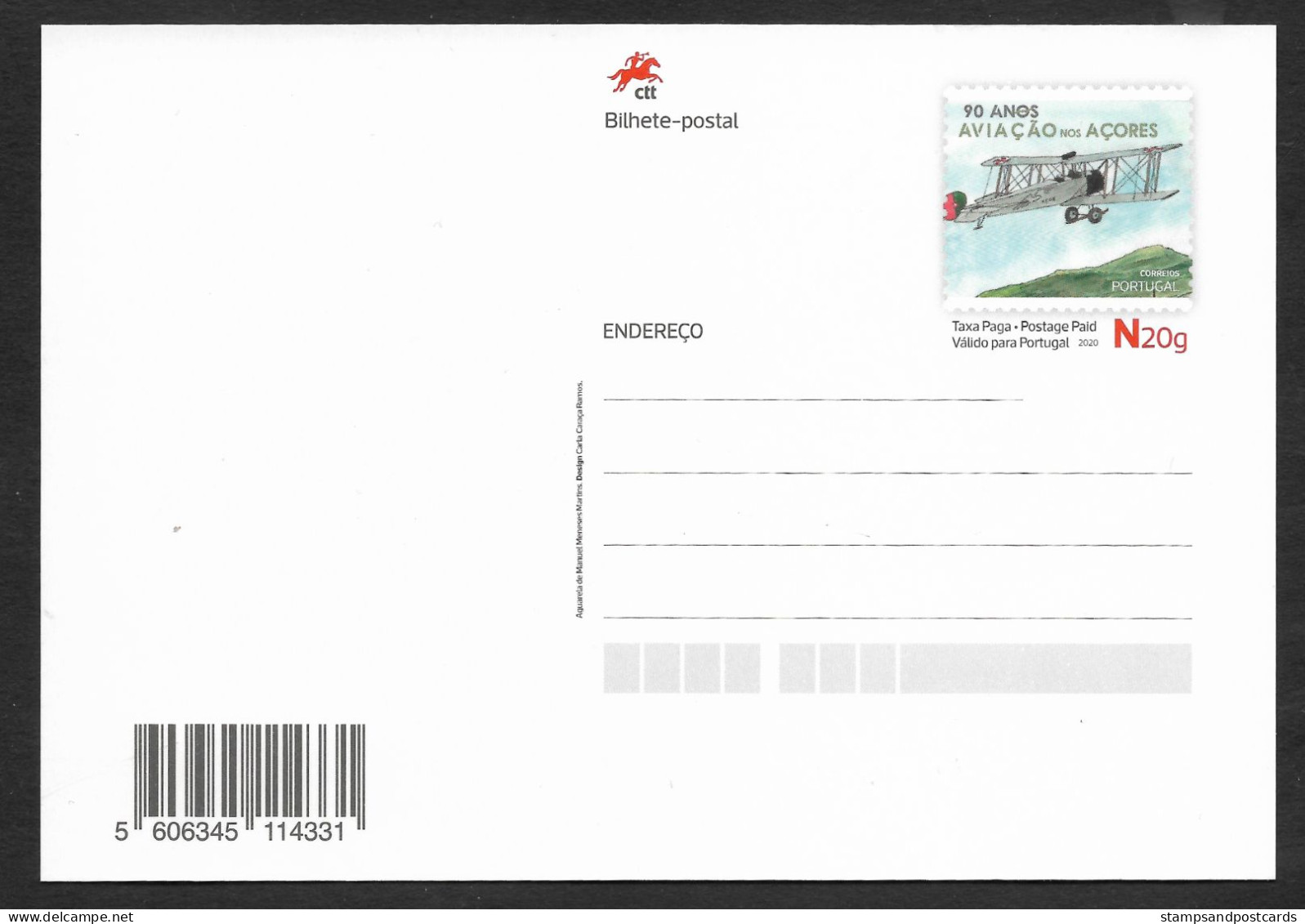 Portugal Carte Entier Postal  90 Ans Aviation Aux Açores Avion Biplan 2020 Stationery 90 Years Azores Aviation Biplane - Enteros Postales