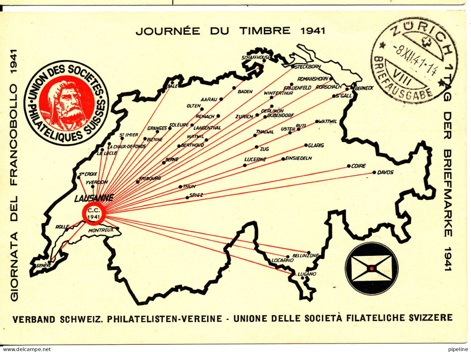 Switzerland Card Stamp's Day Zürich 7-12-1941 - Journée Du Timbre