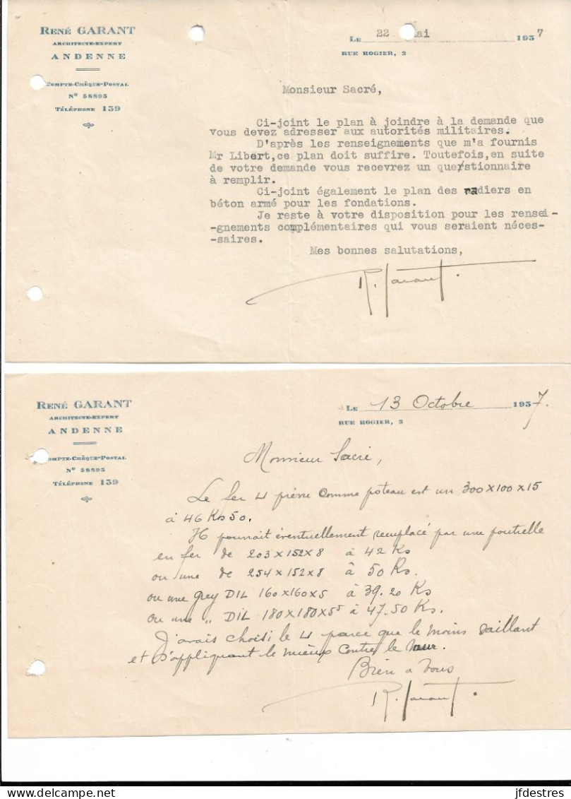 Courriers René Garant Architecte Expert 1957 à Felix Sacré Andenne Seilles Projets De Travaux - 1950 - ...