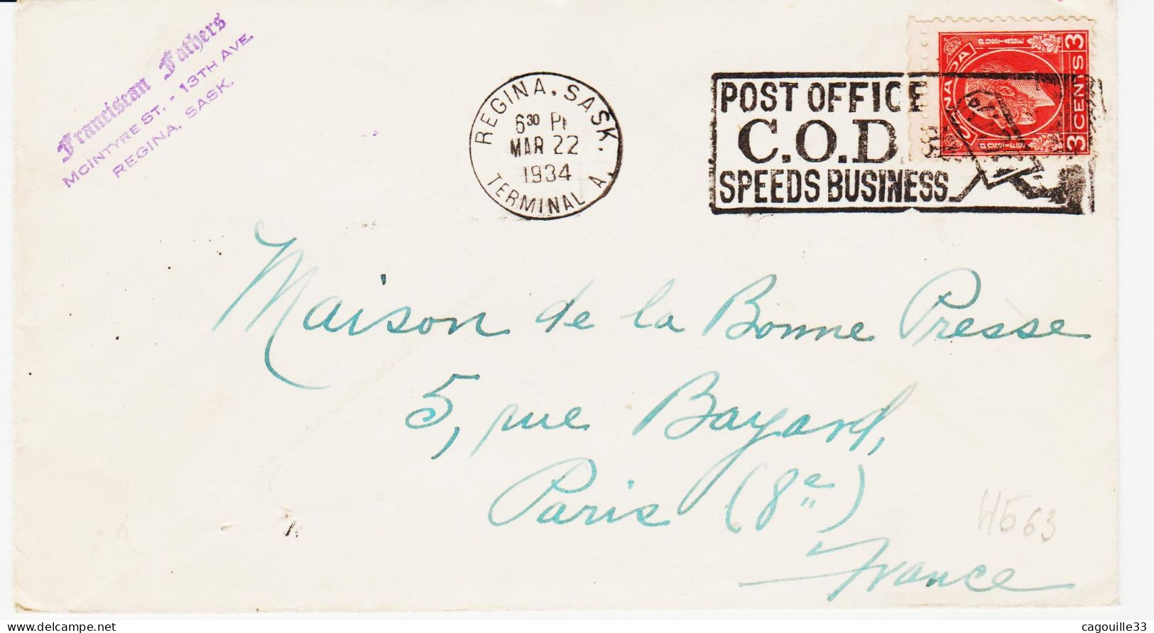 Canada,  De Regina.sask, Terminal A En 1934, Code Postal, Rapidité  Dans Le Travail  TB - Storia Postale