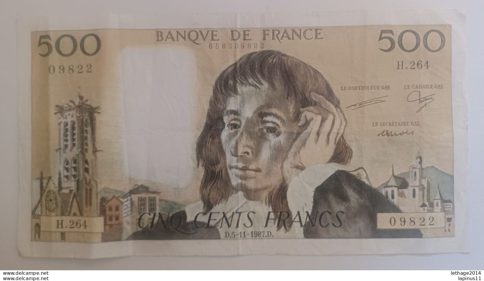 BANKNOTE MONEY PAPER 500 FRENCH FRANCS SERIES H 264 D 5 11 87 GOOD CONSERVATION - 500 F 1968-1993 ''Pascal''