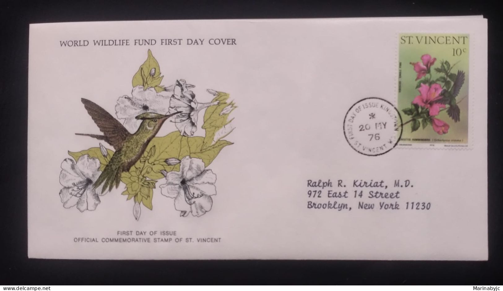 EL)1976 ST. VINCENT, WOLRD WILDLIFE FUND, WWF, HUMMINGBIRDS AND HIBISCUS FLOWERS, CIRCULATED TO NEW YORK - USA, FDC - St.Vincent (1979-...)