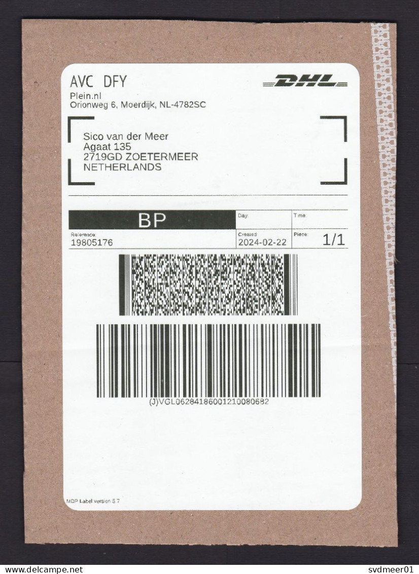 Netherlands: Parcel Fragment (cut-out), 2024, Via DHL Private Postal Service, Code BP, QR Code (traces Of Use) - Cartas & Documentos