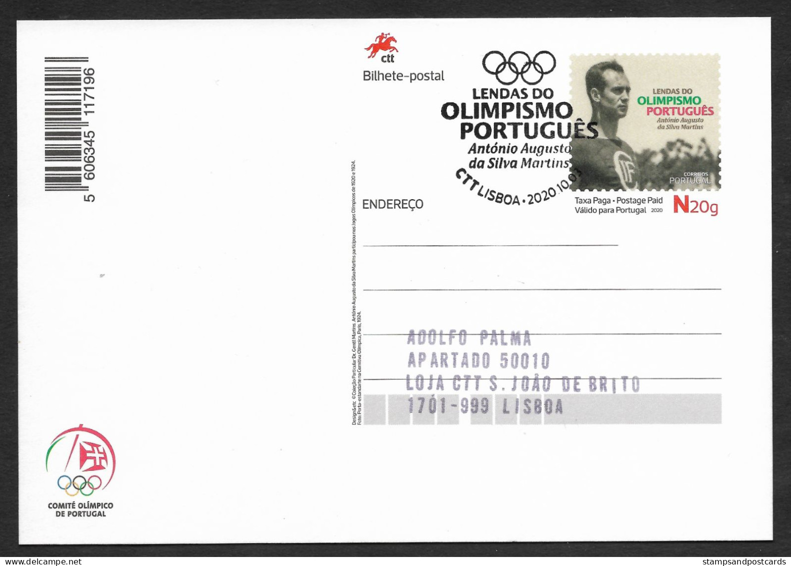 Portugal Carte Entier Postal 2020 Silva Martins Jeux Olympiques Paris 1924 Cachet Pmk Stationery Olympic Games - Zomer 1924: Parijs