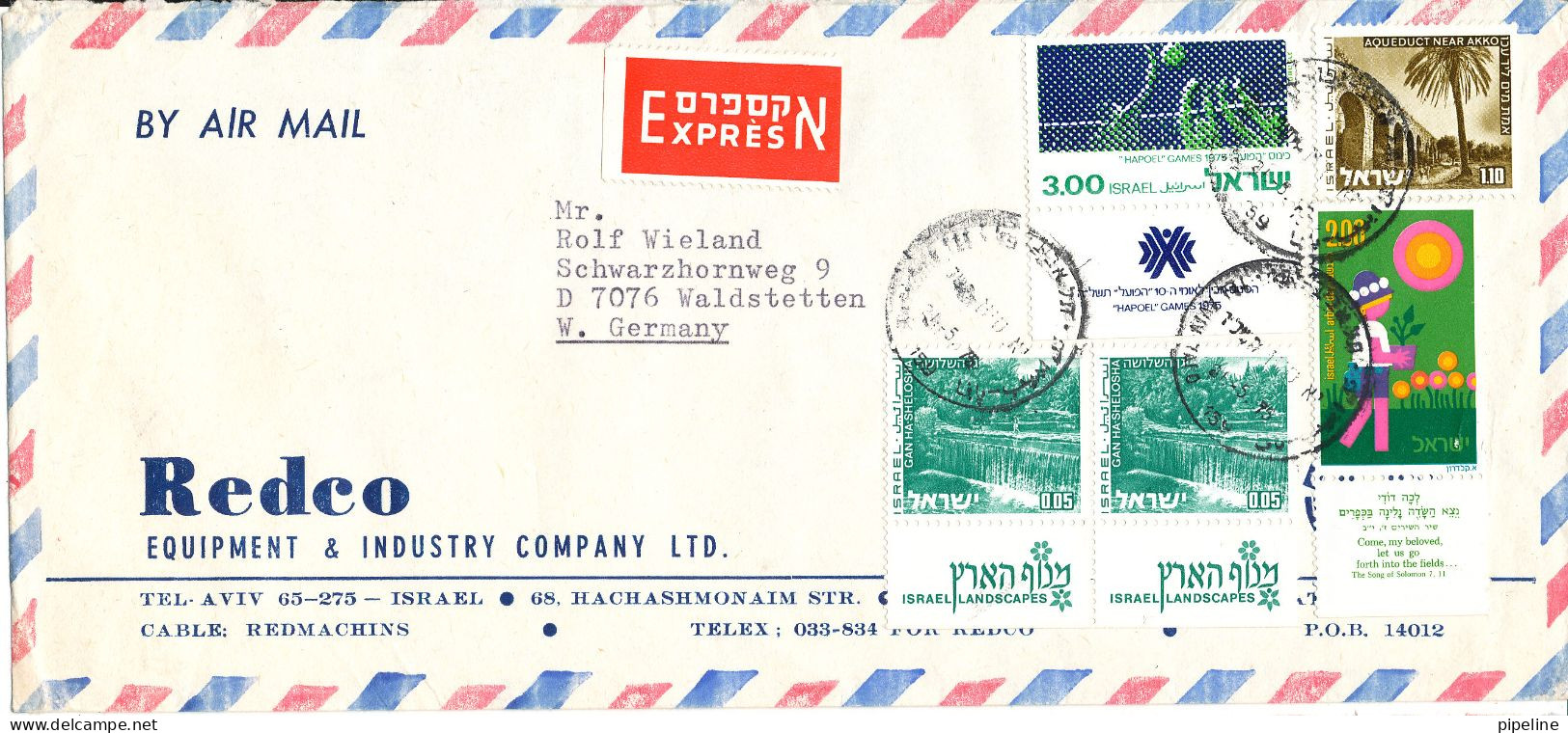 Israel Express Air Mail Cover Sent To Germany 1975 With More Topic Stamps - Posta Aerea