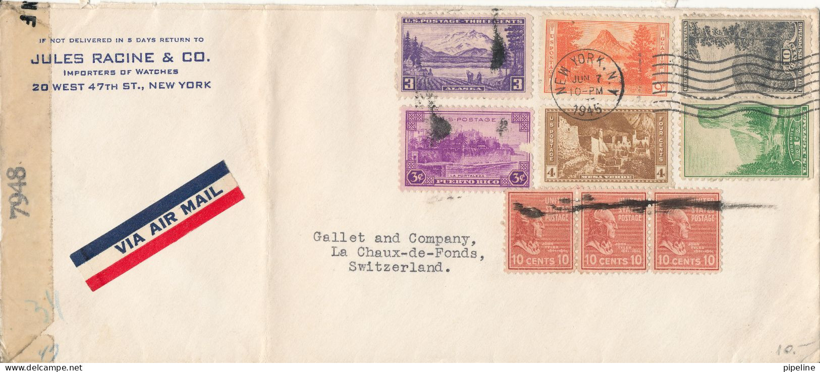 USA Censored (7948) Cover Sent Air Mail To Switzerland New York 7-6-1945 With More Topic Stamps (folded Cover) - Covers & Documents