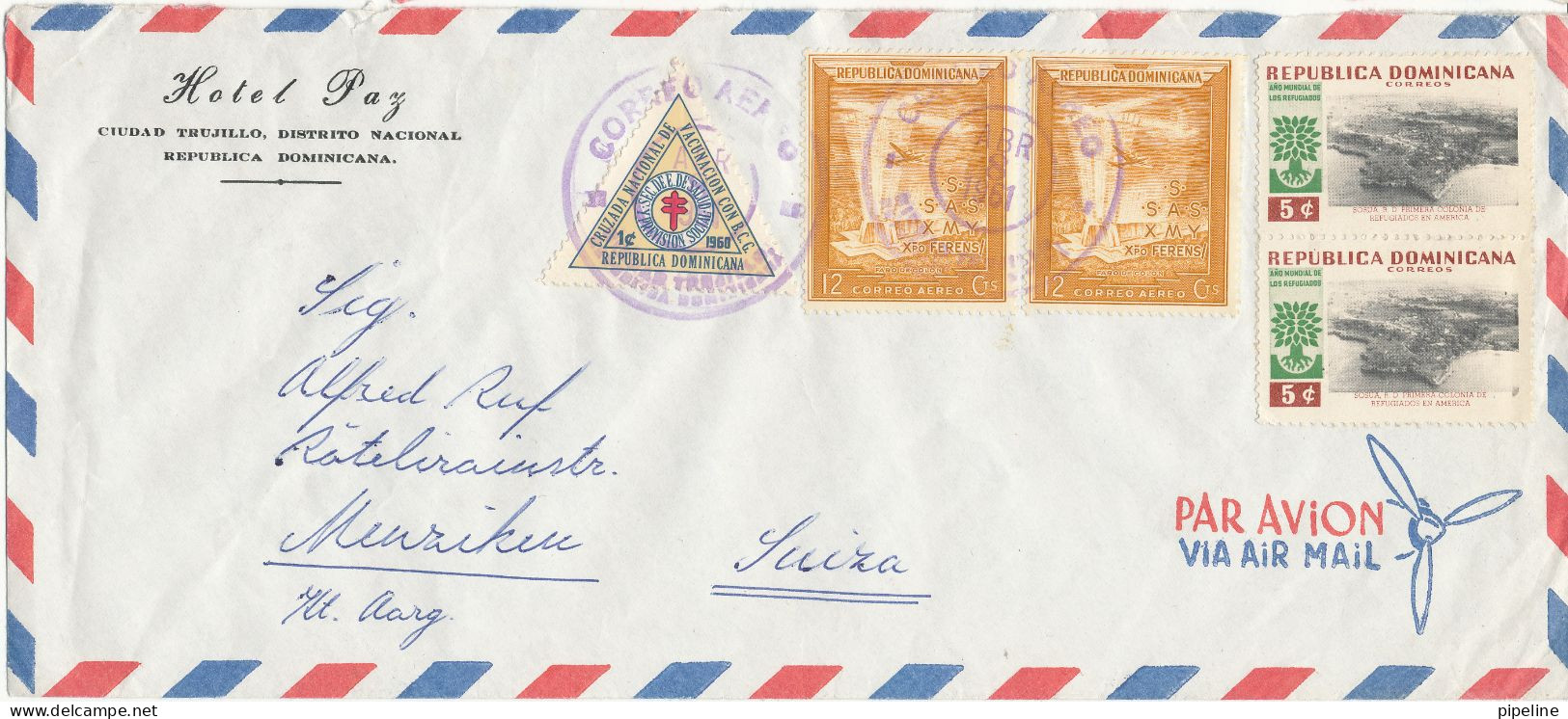 Dominican Republic Air Mail Cover Sent To Switzerland 8-4-1961 With Topic Stamps Refugee And Air Mail - Dominican Republic