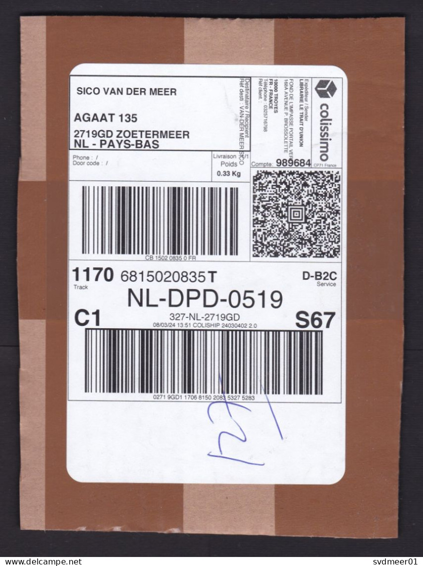 France: Parcel Fragment (cut-out) To Netherlands, 2024, Colissimo Service, QR Code (written Number) - Briefe U. Dokumente