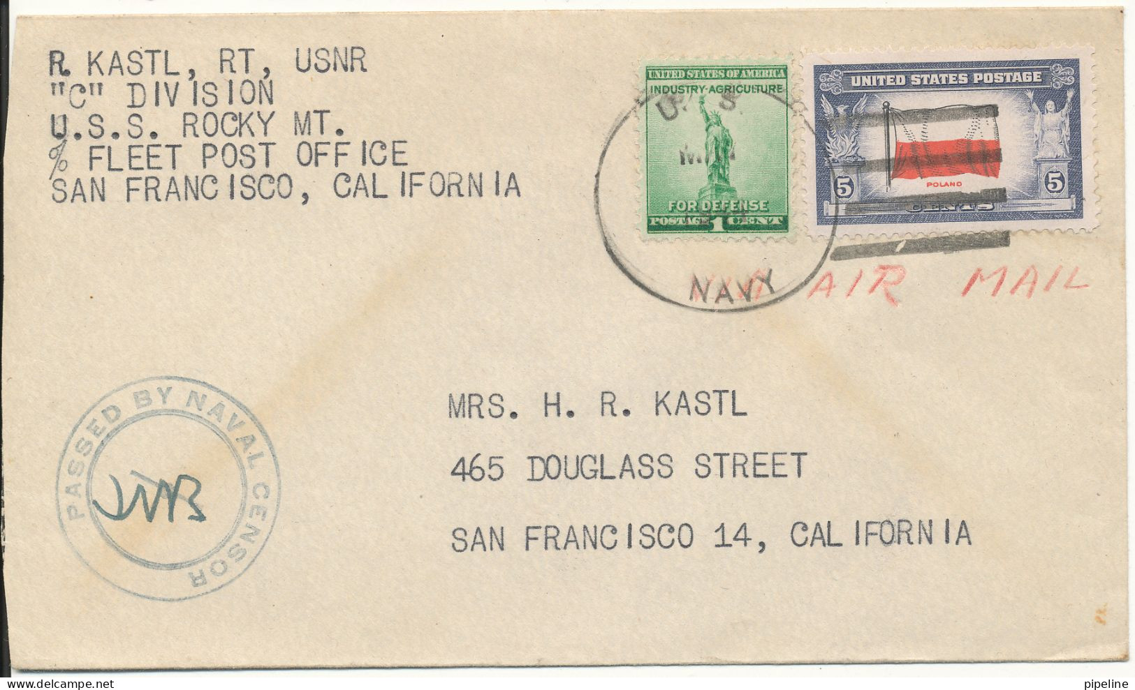 USA NAVAL Censored Cover With Overrun Country Poland Stamp May 1944 - Brieven En Documenten