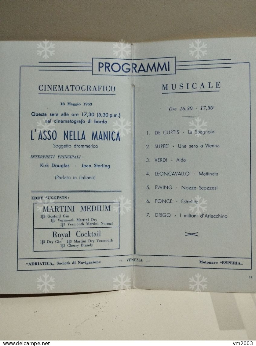 Programma Cinema Musicale ARIATICA Società Di Navigazione Venezia Motonava ESPERIA 18 Maggio 1953 - Programmes