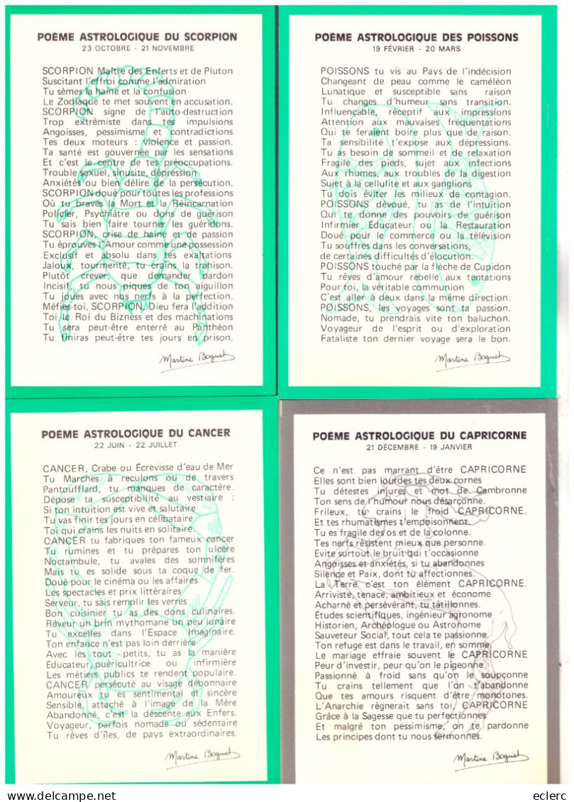 HOROSCOPE - SIGNES DU ZODIAQUE - 12 CARTES 10x15cm - POEMES ASTROLOGIQUES DE MARTINE BOGUET - TB - Astrología