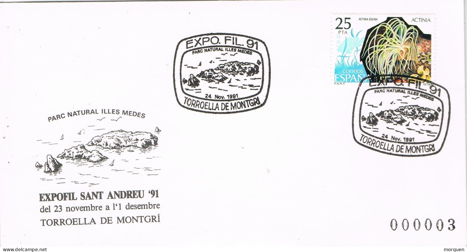 54581. Carta TORROELLA De MONTGRI (Gerona) 1991. Parc Natural Illes MEDES, Expofil 91 - Storia Postale