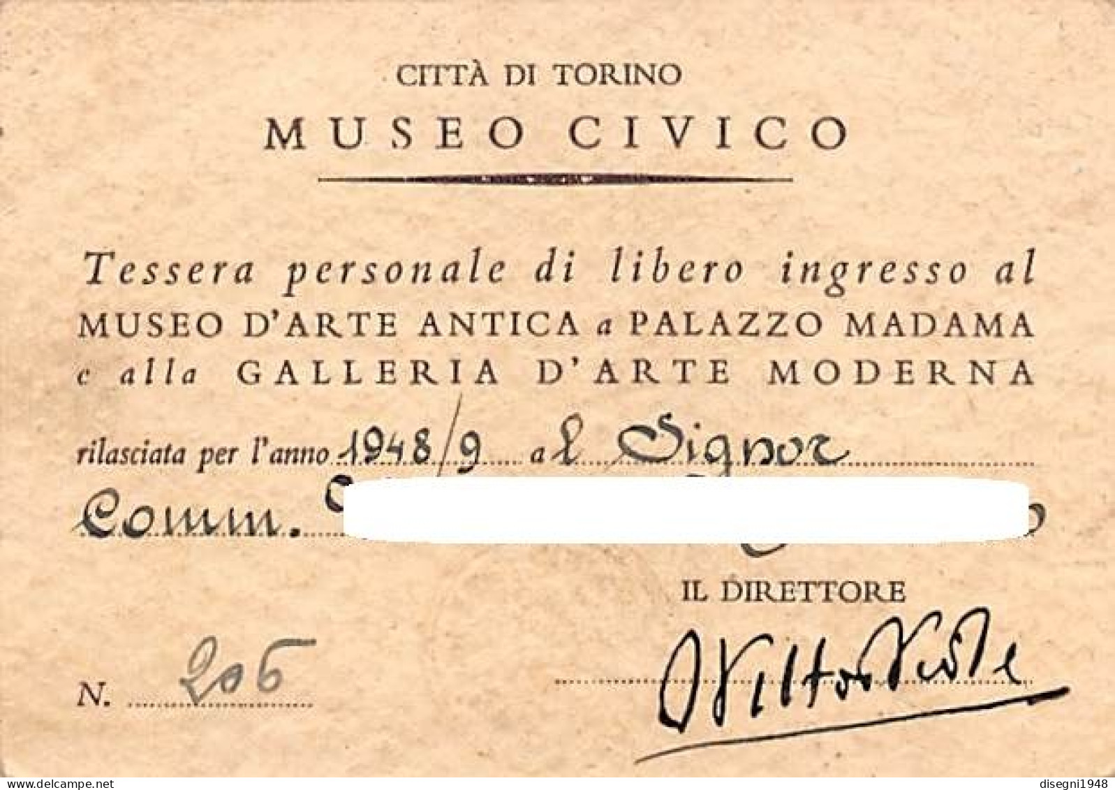12718 "CITTA' DI TORINO - MUSEO CIVICO - TESSERA D'INGRESSO AI MUSEI CIVICI - N° 206 - 1948/49" ORIG. - Altri & Non Classificati