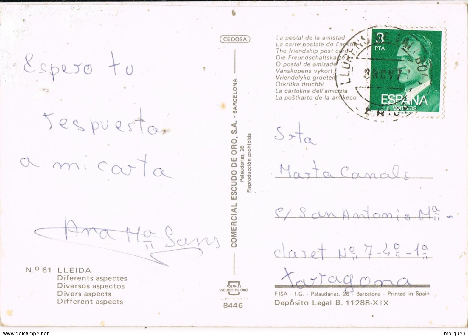 54583. Postal LLORENS De VALLBONA (Lerida) 1977. Vistas Varias De Lerida - Brieven En Documenten