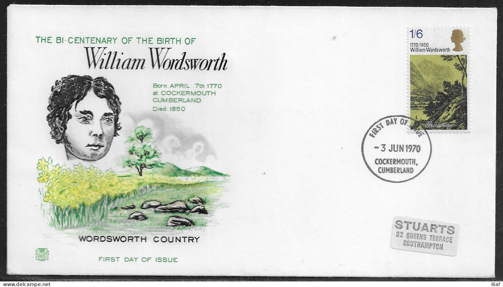 United Kingdom Of Great Britain.  FDC Sc. 621.  The Bi-Centenary Of The Birth Of William Wordsworth,  FDC Cancellation - 1952-1971 Pre-Decimale Uitgaves