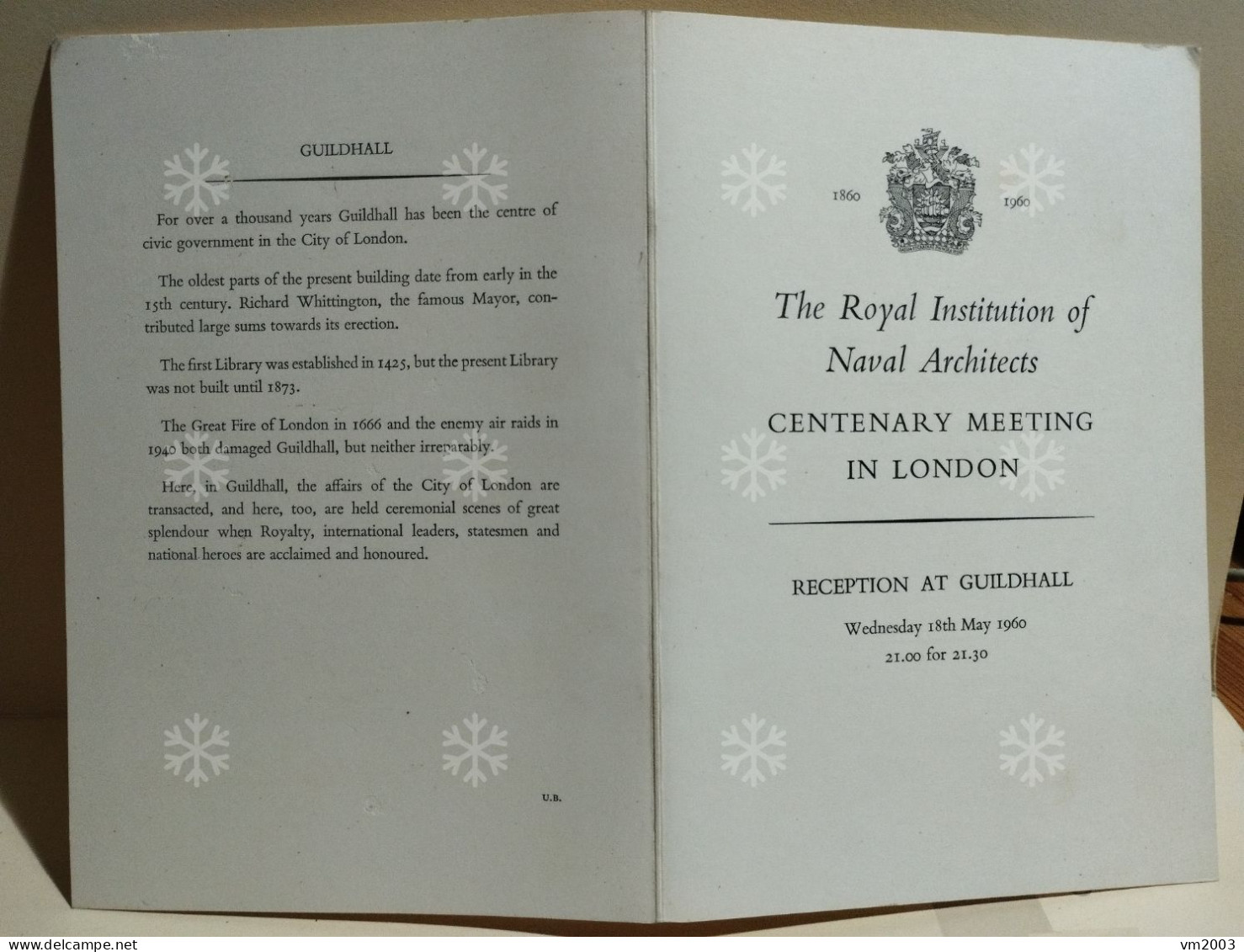 Brochure CENTENARY MEETING IN LONDON The Royal Institution Of Naval Architects. May 1960. Reception At Guildhall - Programmes