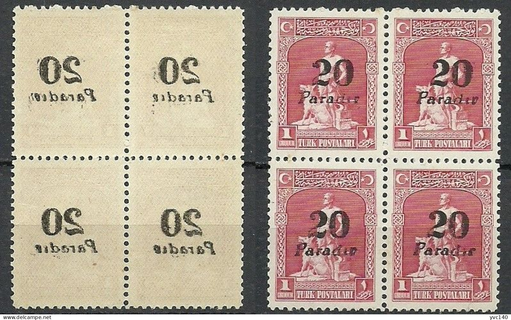 Turkey; 1929 Surcharged Postage Stamp 20 P. "Offset Overprint On Reverse" ERROR (Block Of 4) - Ungebraucht