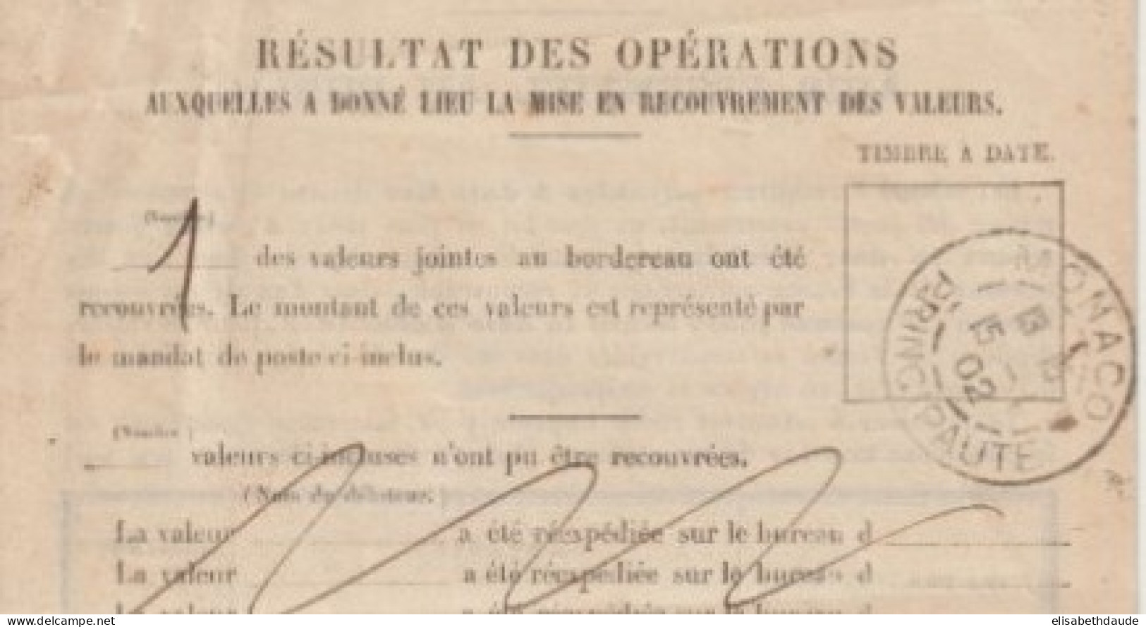 1902 - MONACO - T à D De MONACO Sur BORDEREAU VALEURS A RECOUVRER De OLONZAC (HERAULT) - Marcophilie