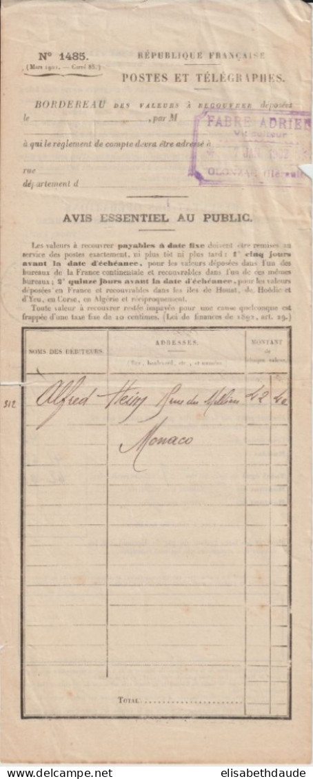 1902 - MONACO - T à D De MONACO Sur BORDEREAU VALEURS A RECOUVRER De OLONZAC (HERAULT) - Marcophilie