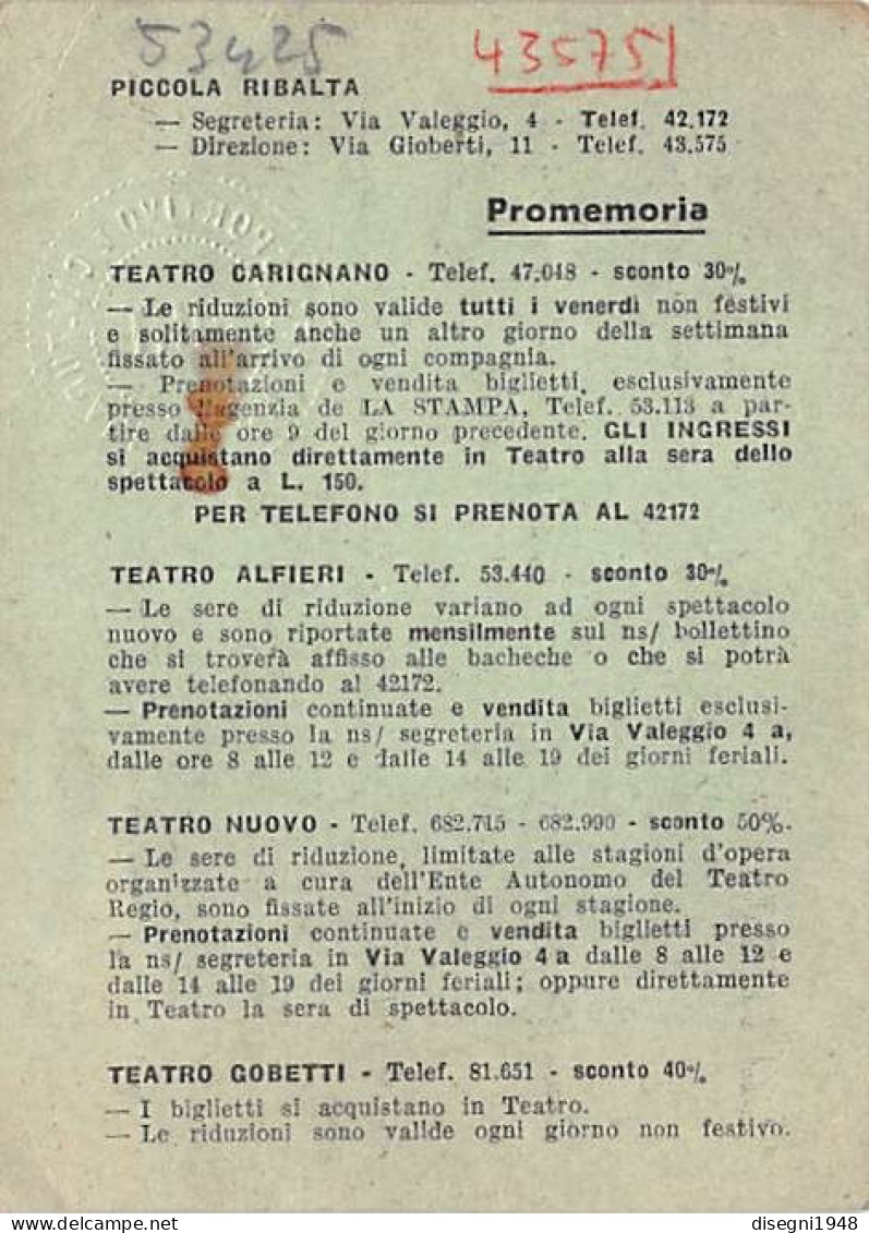 12719 "AMICI DEL TEATRO - TORINO - TESSERA D'INGRESSO A RIDUZIONE AI TEATRI DI TORINO - N° 4492 - 1952/1953" ORIG. - Andere & Zonder Classificatie