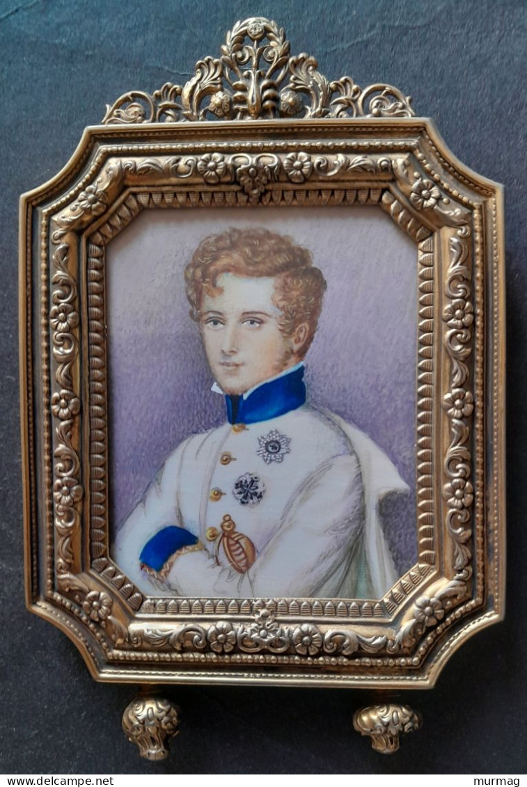Peinture Miniature Sur Ivoire - L'Aiglon, Fils De Napoléon Bonaparte - Cadre Doré Avec Verre - Personajes