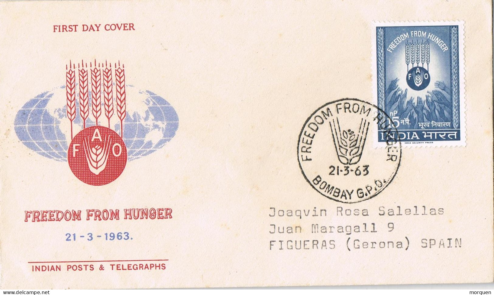 54587. Carta F.D.C. BOMBAY (India) 1963. F.A.O. Contra El Hambre En El Mundo. Freedom From Hunger - FDC