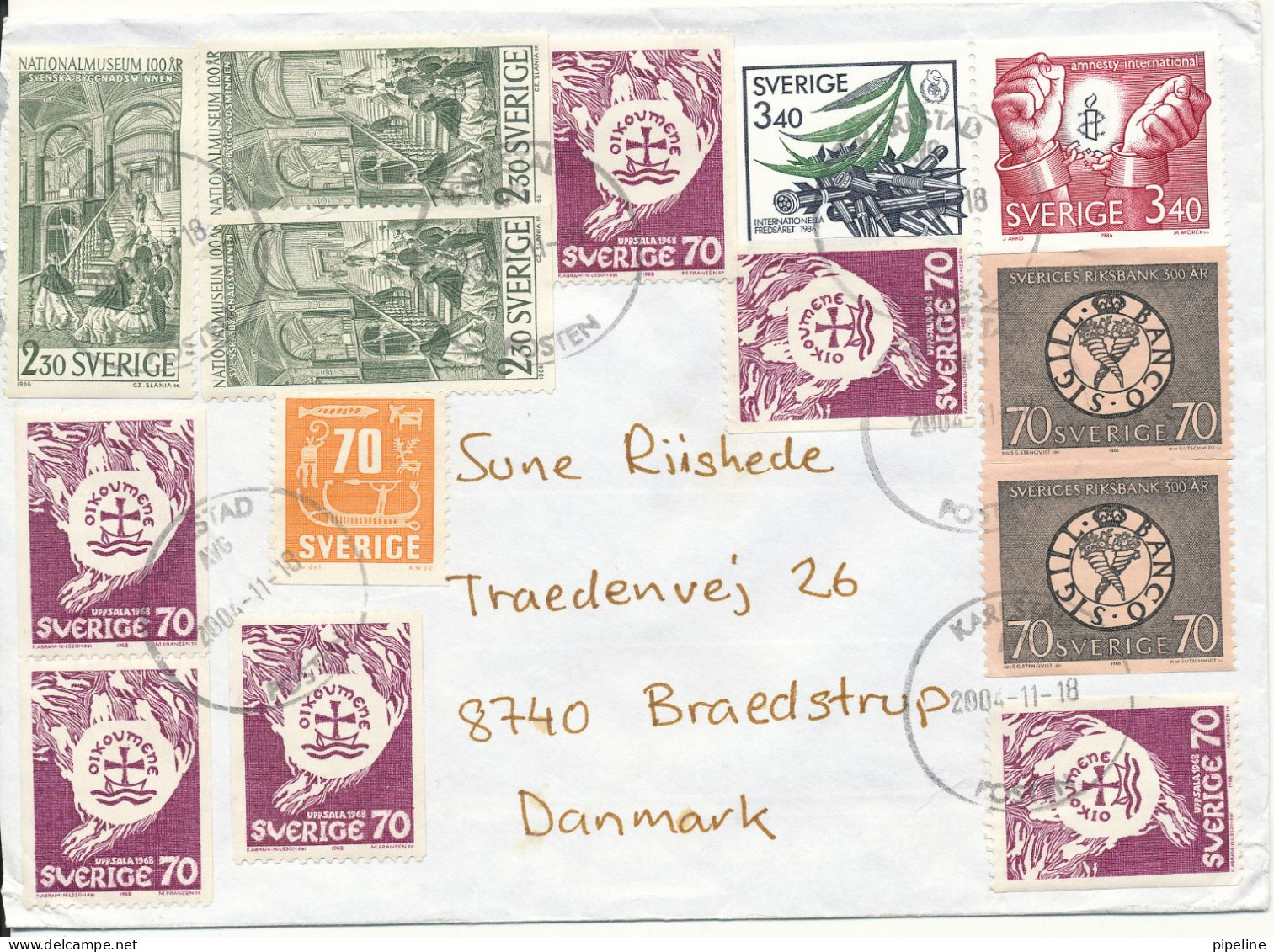 Sweden Cover Sent To Denmark Karlstad 18-11-2004 With A Lot Of Stamps - Briefe U. Dokumente