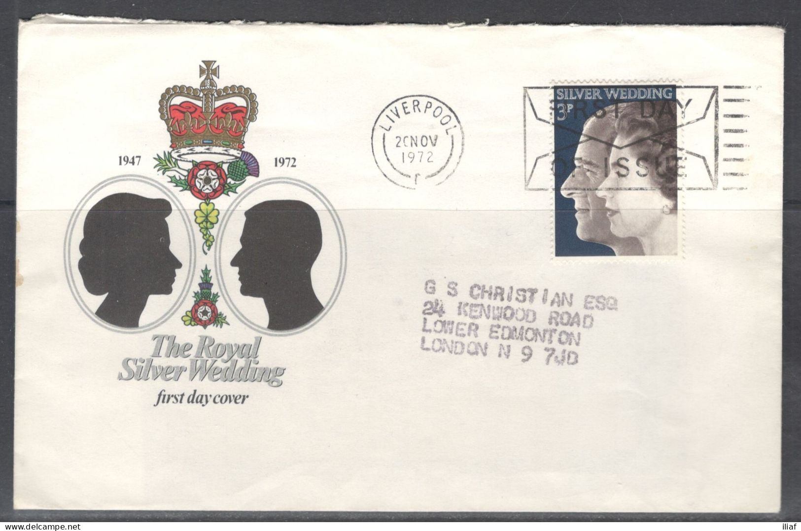 United Kingdom Of Great Britain. FDC Sc. 683. 25th Wedding Anniversary Of Queen Elizabeth II And Prince Philip  FDC Canc - 1971-80 Ediciones Decimal